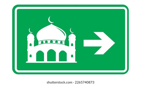 Mosque sign symbol icon with arrow, masjid street sign symbol green design vector illustration