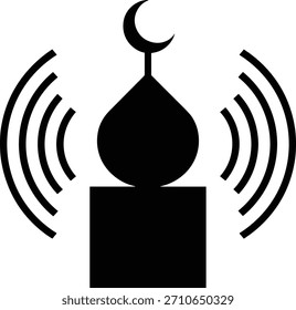 Mezquita con icono de ondas de señal. Representa la transmisión de la llamada a la oración musulmana. Significa conexión con la dirección y la fe de la qibla.