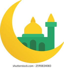 Mosque Silhouette Adorned by Crescent Moon. Vector Mosque and Crescent Moon Icon.