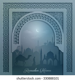 Mosque silhouette with arabic pattern for islamic greeting background Ramadan Kareem - Translation : May Generosity Bless you during the holy month
