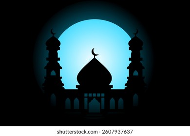 Mosque Silhouette Background Design. Islamic background design, Mosque Silhouette with Minarets Against blue Moon Glow