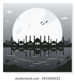 Mosque Silhouette Backgrounds with Urban Buildings and Full Moon in the Background
