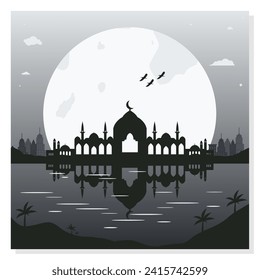 Mosque Silhouette Backgrounds with Urban Buildings and Full Moon in the Background
