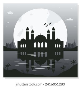 Mosque Silhouette Backgrounds with Urban Buildings and Full Moon in the Background
