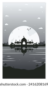 Mosque Silhouette Backgrounds with Urban Buildings and Full Moon in the Background
