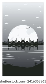 Mosque Silhouette Backgrounds with Urban Buildings and Full Moon in the Background
