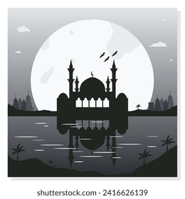 Mosque Silhouette Backgrounds with Urban Buildings and Full Moon in the Background
