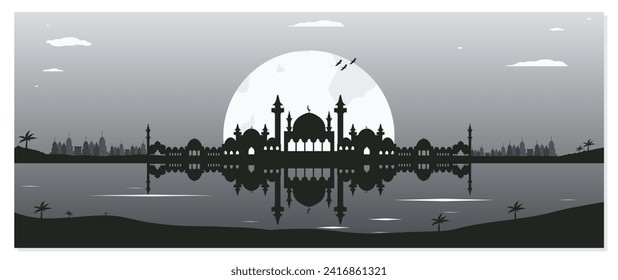 Mosque Silhouette Backgrounds with Urban Buildings and Full Moon in the Background
