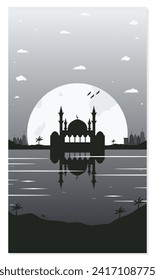 Mosque Silhouette Backgrounds with Urban Buildings and Full Moon in the Background
