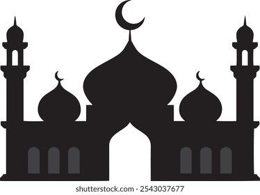 Silueta de la mezquita con la luna creciente para las celebraciones de Eid en el fondo blanco y otras celebraciones islámicas, perfectas para las tarjetas de felicitación, invitaciones del acontecimiento, decoraciones digitales para las ocasiones religiosas