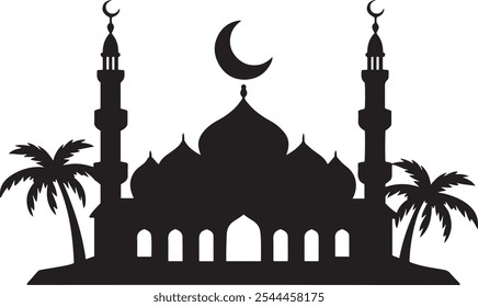 Silueta de la mezquita con la luna creciente para las celebraciones de Eid en el fondo blanco y otras celebraciones islámicas, perfectas para las tarjetas de felicitación, invitaciones del acontecimiento, decoraciones digitales para las ocasiones religiosas