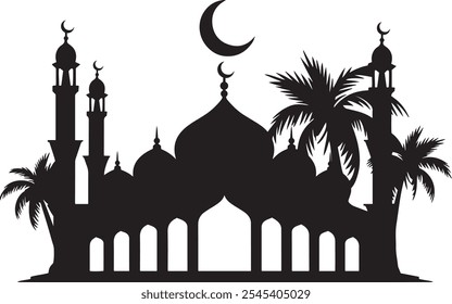 Silueta de la mezquita con la luna creciente para las celebraciones de Eid en el fondo blanco y otras celebraciones islámicas, perfectas para las tarjetas de felicitación, invitaciones del acontecimiento, decoraciones digitales para las ocasiones religiosas