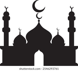 Silueta de la mezquita con la luna creciente para las celebraciones de Eid en el fondo blanco y otras celebraciones islámicas, perfectas para las tarjetas de felicitación, invitaciones del acontecimiento, decoraciones digitales para las ocasiones religiosas