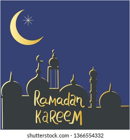 Mosque silhouette with crescent moon and star. Hand lettering Ramadan Kareem. Flat style background. Ramadan holy celebration greeting card, poster design element. Vector