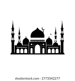 Mosque silhouette with crescent moons and stars black on white