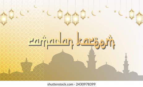 Mosque silhouette decorated with traditional Arabic lanterns with yellow white gradient background nice for wallpaper,banner or greeting card