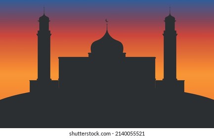 Mosque silhouette at dusk, islamic background vector illustration