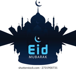 A silhueta da mesquita apresenta texto azul proclamando Eid Mubarak sob um símbolo de lua crescente contra um fundo branco.