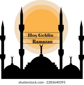 Moschee Silhouette und Vollmond, Vektorgrafik auf weißem Hintergrund. "Hoş Geldin Ramazan" steht auf den Mützen der Moscheen. Das bedeutet Willkommen Ramadan. Die Idee von Ramadan Urlaub.  