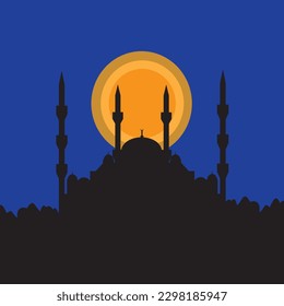 Mosque silhouette and full moon vector on blue background. Hagia Sophia poster idea. Night full moon and mosque.