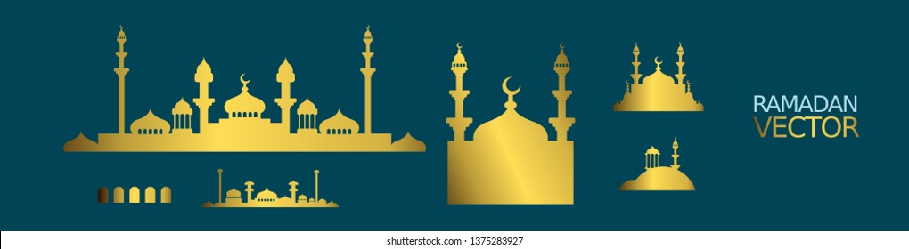 Mosque silhouette icon logo template, Mosque icon vector Illustration design template. blue and gold color - Vector