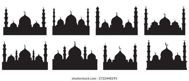 Conjunto de iconos de silueta de mezquita Vector: ocho estructuras islámicas con cúpulas, minaretes y lunas medias