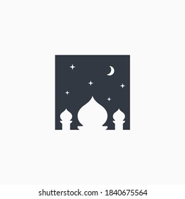 Mosque silhouette illustration design with stars and moon vector. Masjid logo template. Islamic icon, element, symbol, for eid al adha banner or poster. Mosque logo design. 