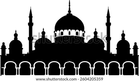 Mosque Silhouette: Islamic Architecture Vector - Black and White Mosque Illustration - Muslim Temple Icon: Simple Mosque Outline