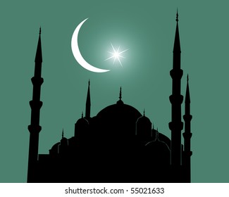 Mosque silhouette in Istanbul against a dark background with a half moon and a star in the sky