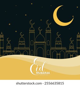 Mosque silhouette landscape vector illustration. Mosque in the night with moonlight and stars for Eid Mubarak