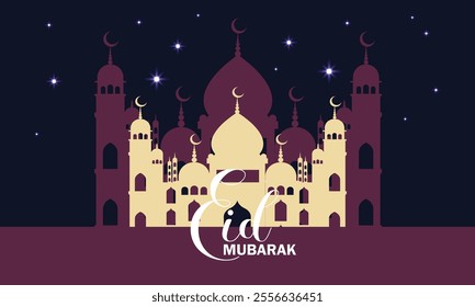 Mosque silhouette landscape vector illustration. Mosque in the night with moonlight and stars for Eid Mubarak