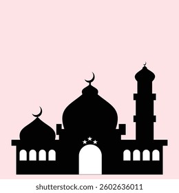Mosque silhouette. silhouette of a magnificent mosque with many doors and windows on a pink background. Design element illustration of a religious building for Muslims