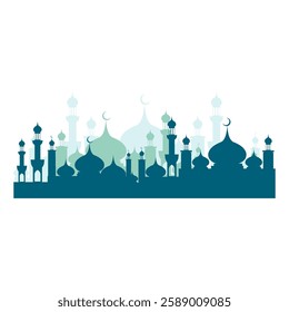 Mosque Silhouette with Minarets for Eid Mubarak and Ramadan Kareem Celebration. Islamic decor and art vector drawing.