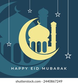Mosque silhouette moon star eid mubarak image greeting card vector illustration