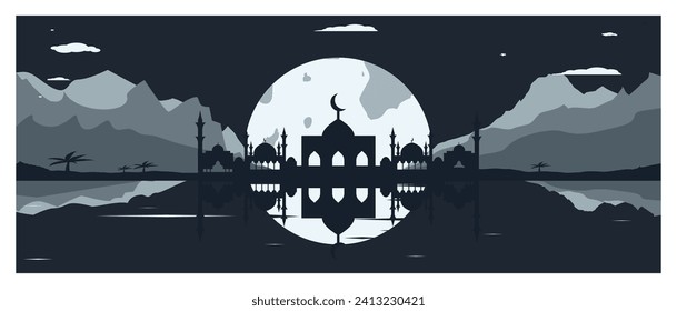 Mosque Silhouette with Mountains and Full Moon in the Background
