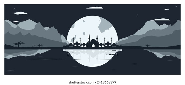 Mosque Silhouette with Mountains and Full Moon in the Background
