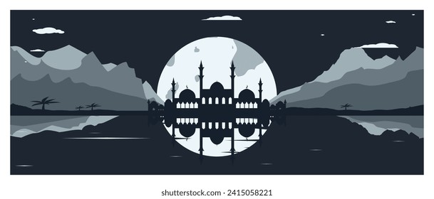 Moschee Silhouette mit Bergen und Vollmond im Hintergrund
