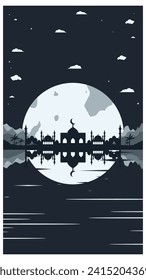 Mezquita de silueta con montañas y luna llena en el fondo
