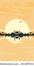 Mosque Silhouette with Mountains and Sunset in the Background
