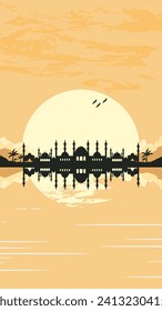 Mosque Silhouette with Mountains and Sunset in the Background
