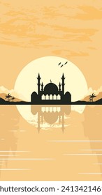 Mosque Silhouette with Mountains and Sunset in the Background
