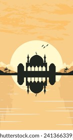Mosque Silhouette with Mountains and Sunset in the Background
