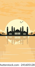 Mosque Silhouette with Mountains and Sunset in the Background
