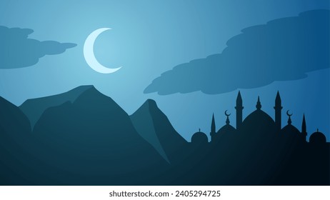 Mosque silhouette in the night with crescent moon. Ramadan landscape design graphic in muslim culture and islam religion. Mosque landscape vector illustration, background or wallpaper