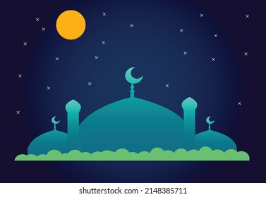 Mosque Silhouette in The Night Full of Stars and Moon Background