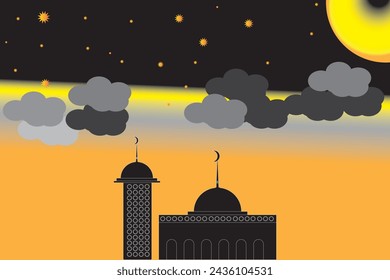 Mosque silhouette in night  Ramadan Kareem  Aidilfitri new year