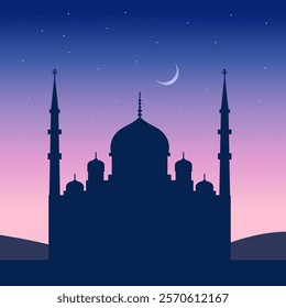 Mosque Silhouette, Night Sky, Stars, Crescent Moon, Ramadan, Islam, Vector Illustration