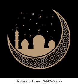 Mosque silhouette on crescent moon. For Ramadan Kareem celebration. Vector illustration