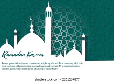 Mosque silhouette on dark green background with arabic pattern