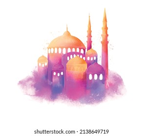mosque silhouette on ink brush illustration